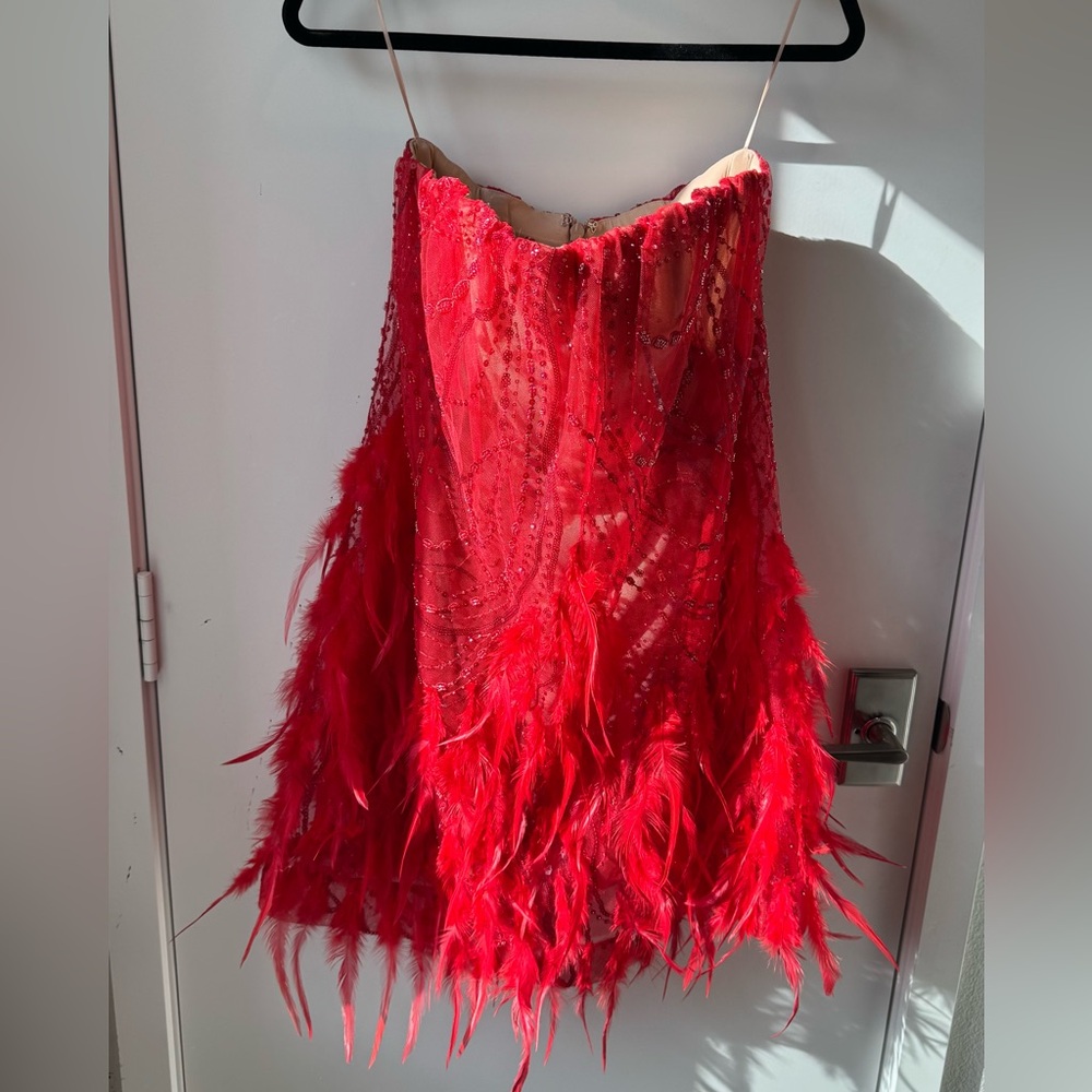 Red Feather & Sequin Strapless Dress
